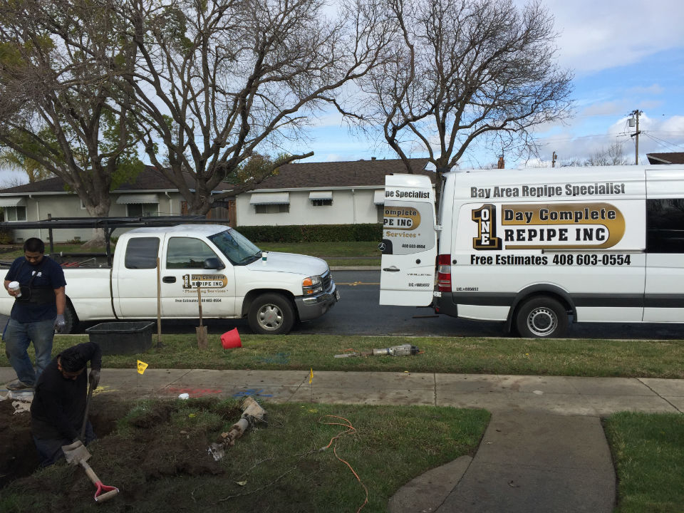 One Day Complete Repipe trucks and crew at a San Jose job site